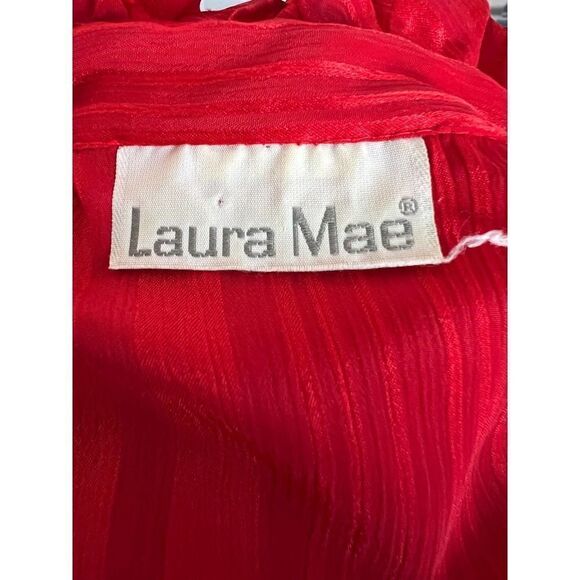 Laura Mae Red Top - Frilly Highneck Tie Button down - perfect for holiday season - Picture 5 of 5